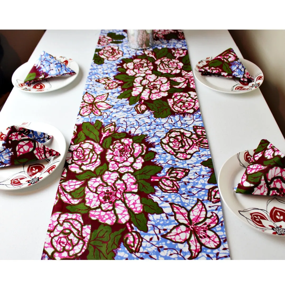 Aisha Floral African Print Table Runners with Napkins (Blue/ Pink)