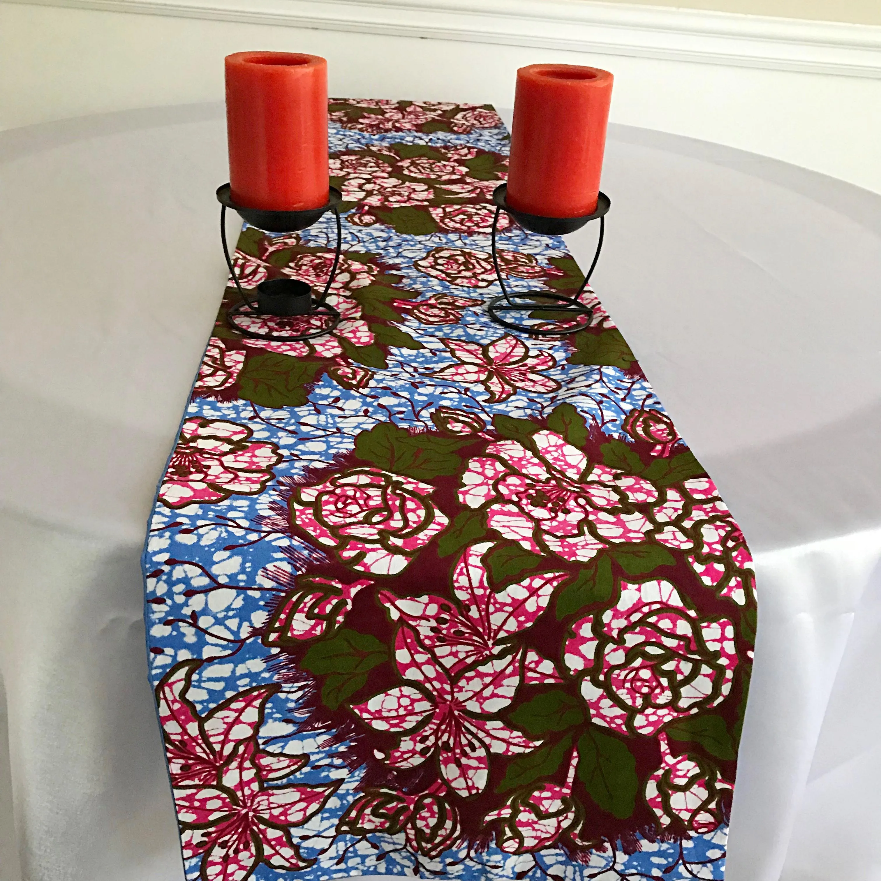 Aisha Floral African Print Table Runners with Napkins (Blue/ Pink)