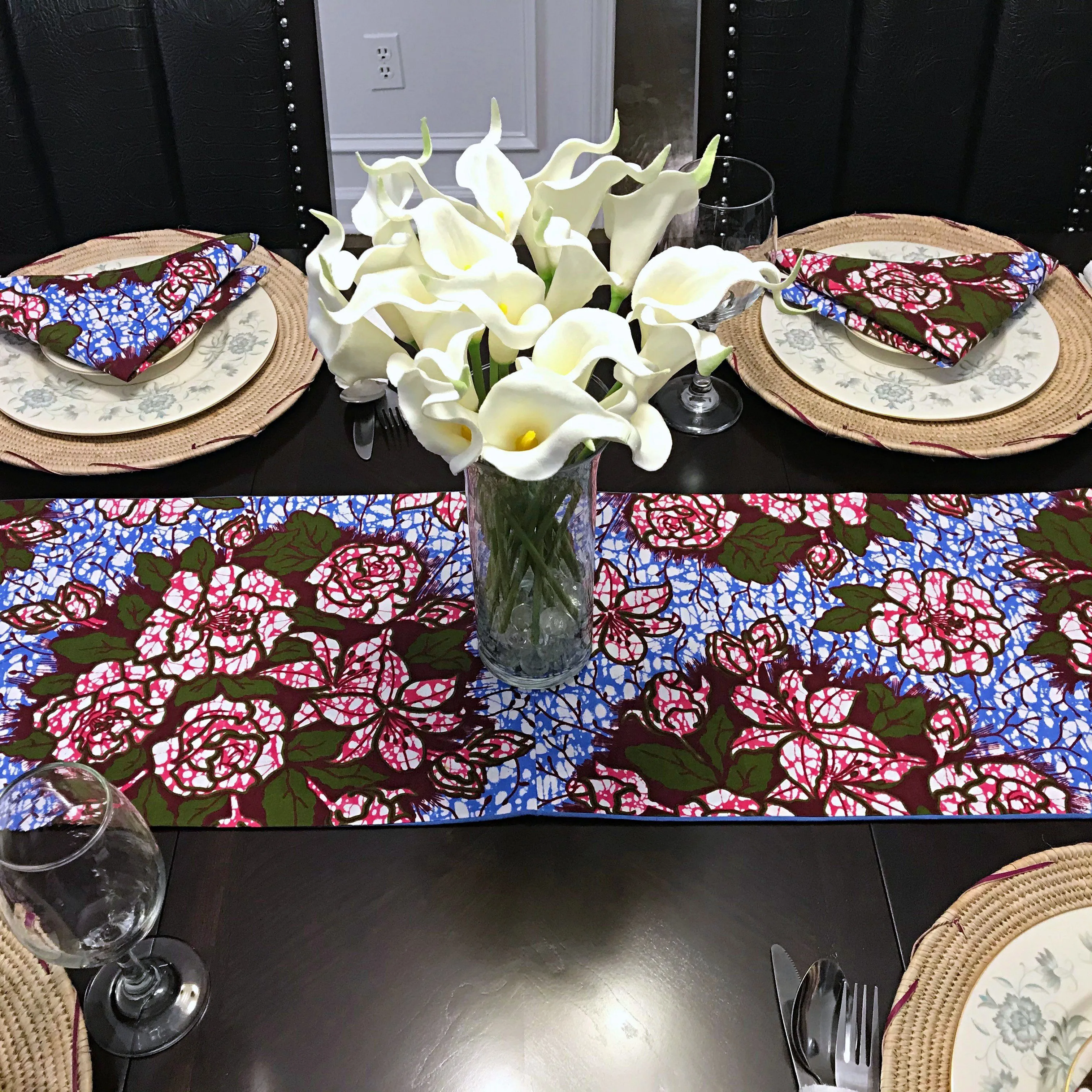 Aisha Floral African Print Table Runners with Napkins (Blue/ Pink)
