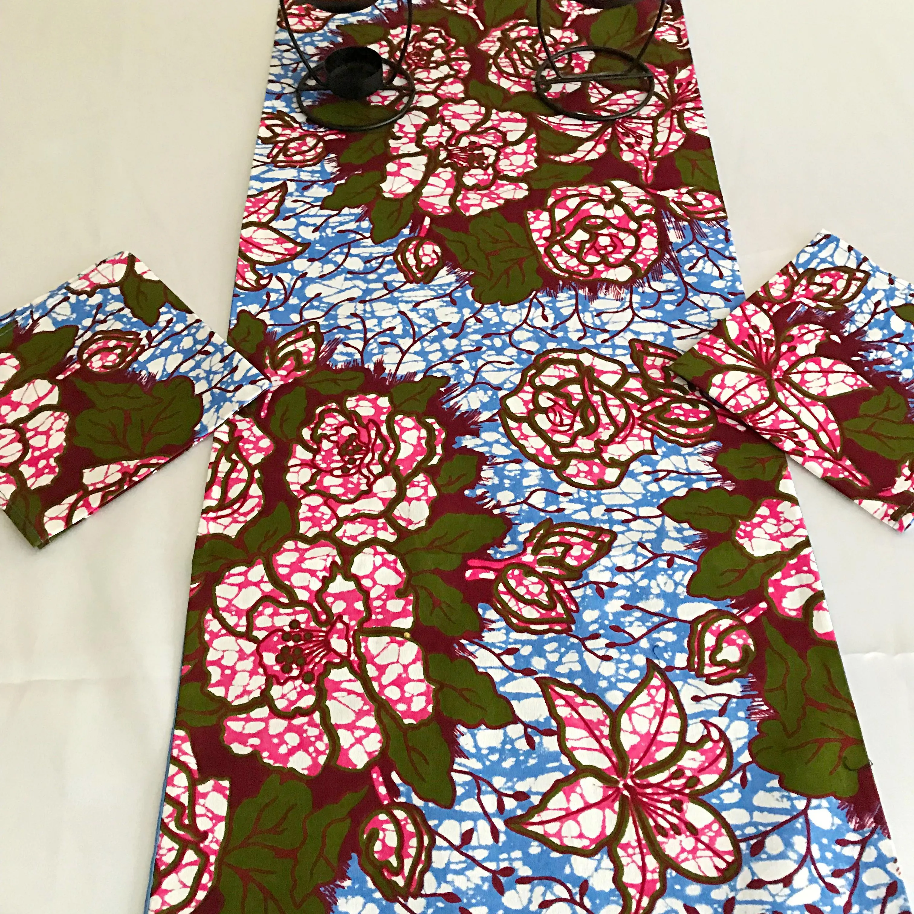Aisha Floral African Print Table Runners with Napkins (Blue/ Pink)