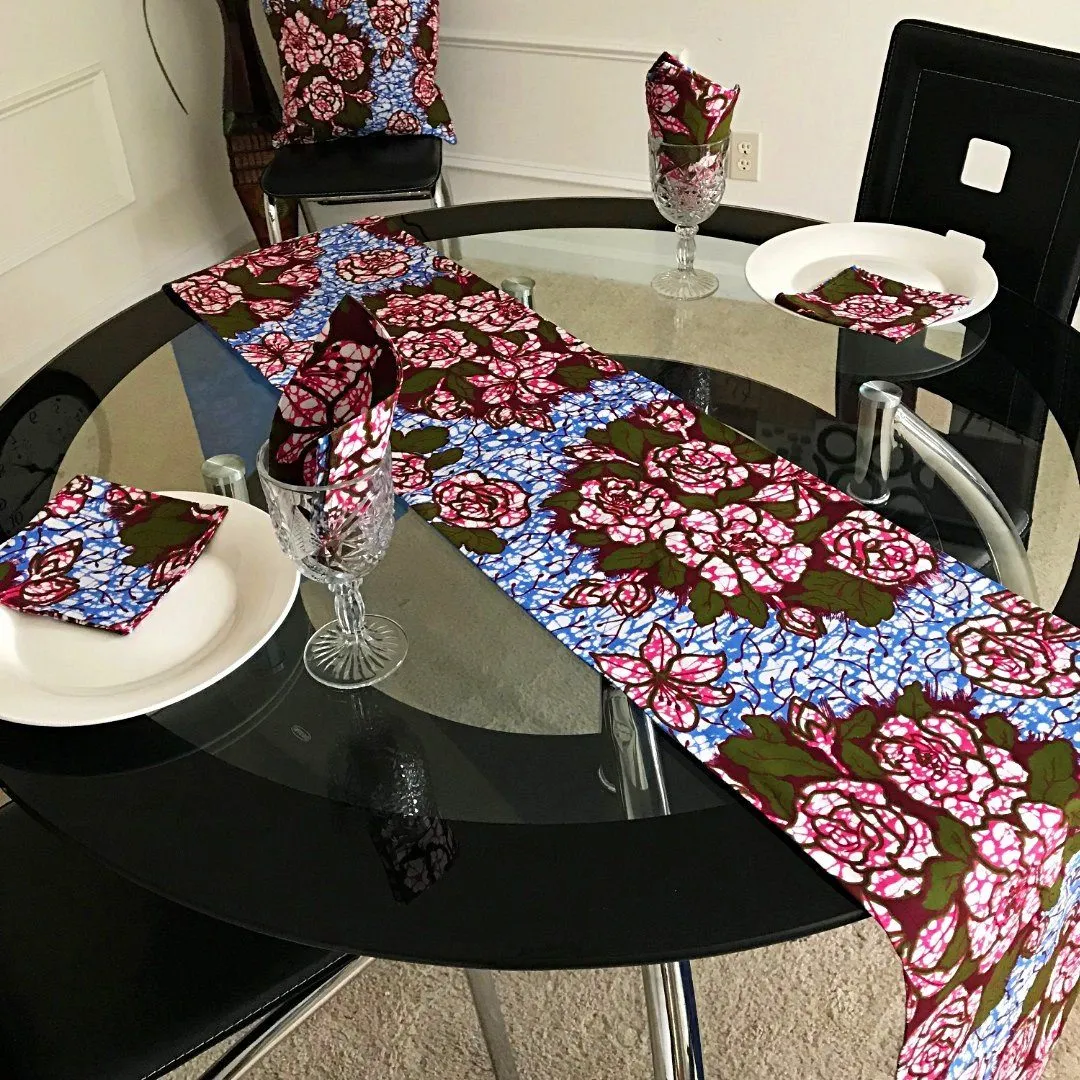 Aisha Floral African Print Table Runners with Napkins (Blue/ Pink)