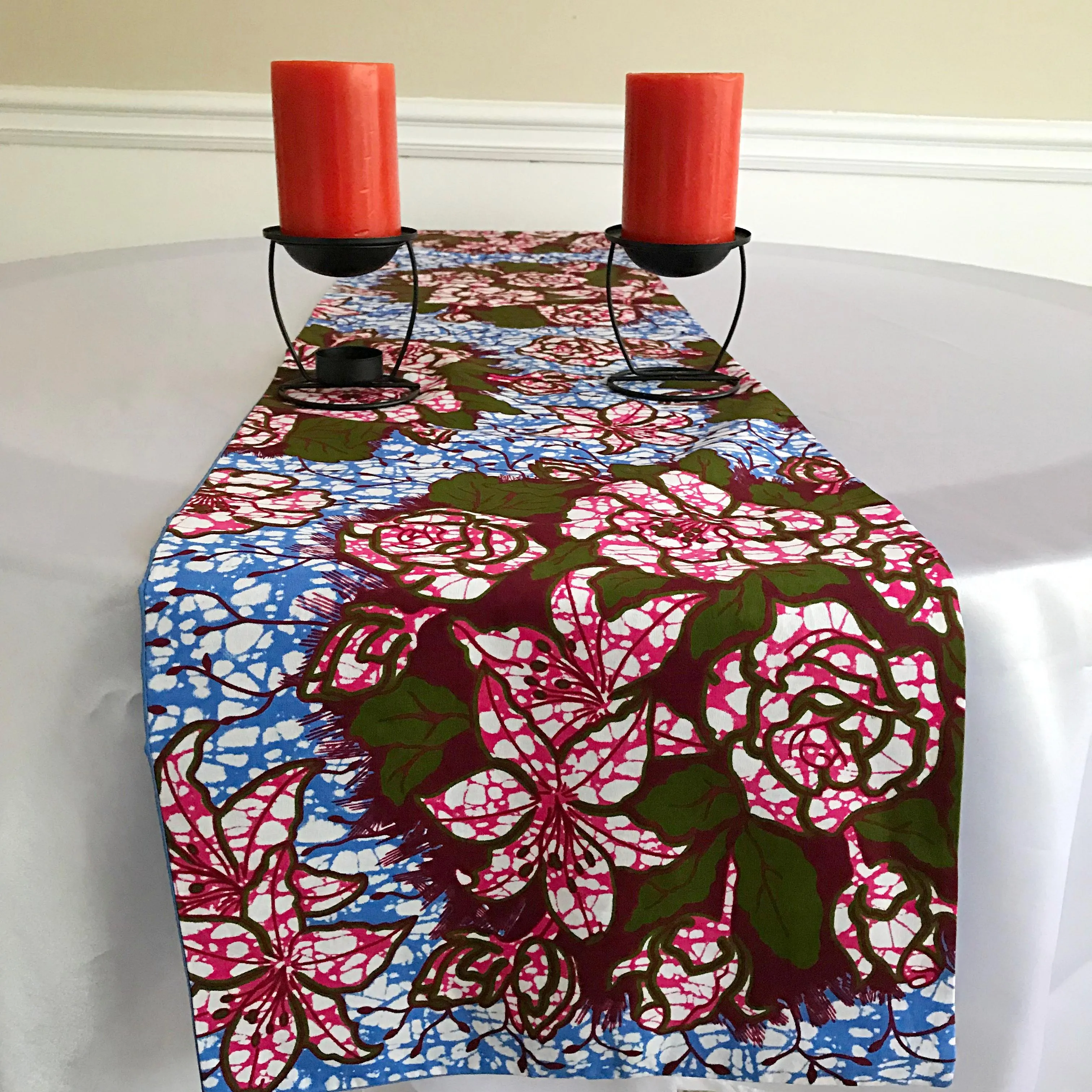 Aisha Floral African Print Table Runners with Napkins (Blue/ Pink)