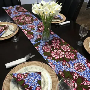 Aisha Floral African Print Table Runners with Napkins (Blue/ Pink)