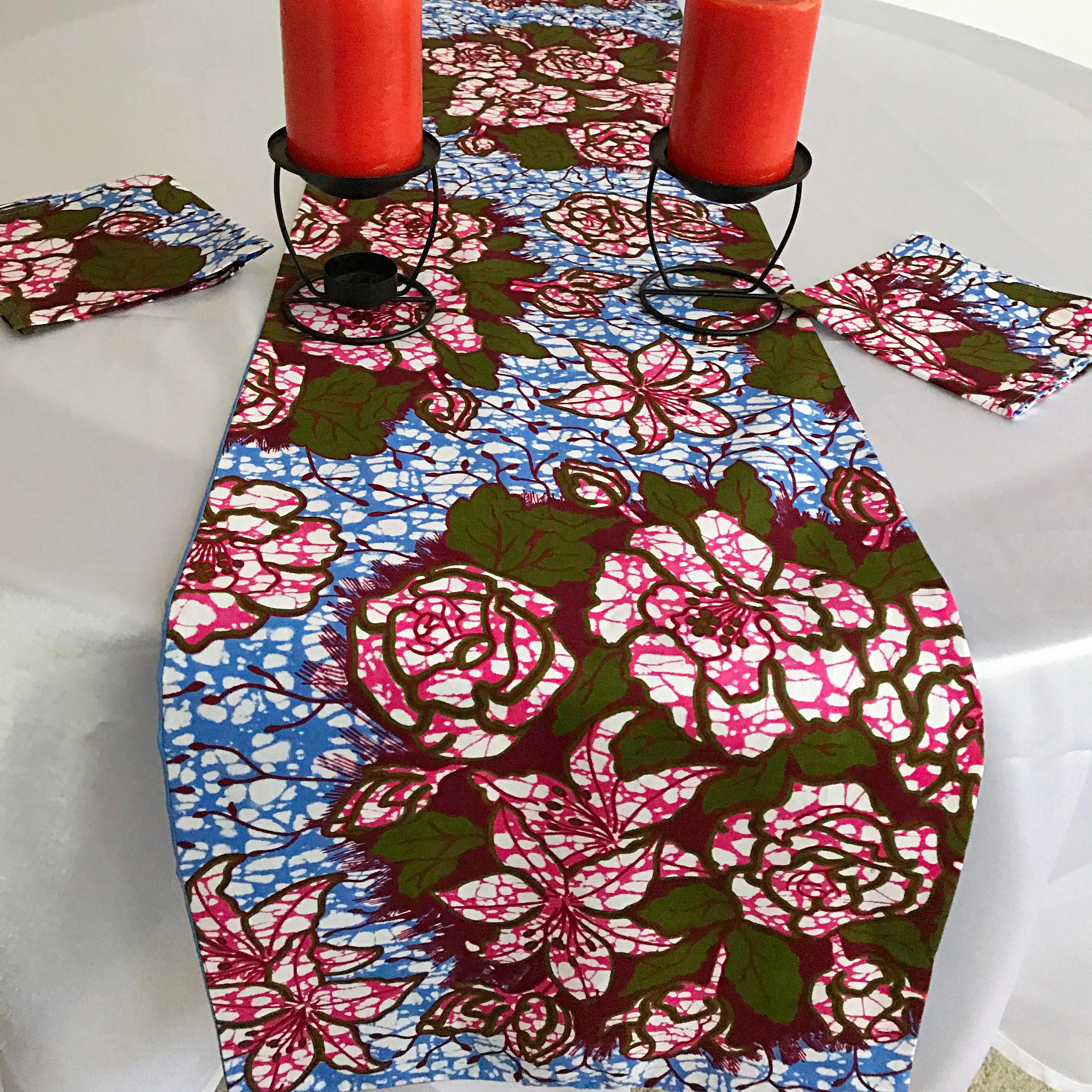 Aisha Floral African Print Table Runners with Napkins (Blue/ Pink)