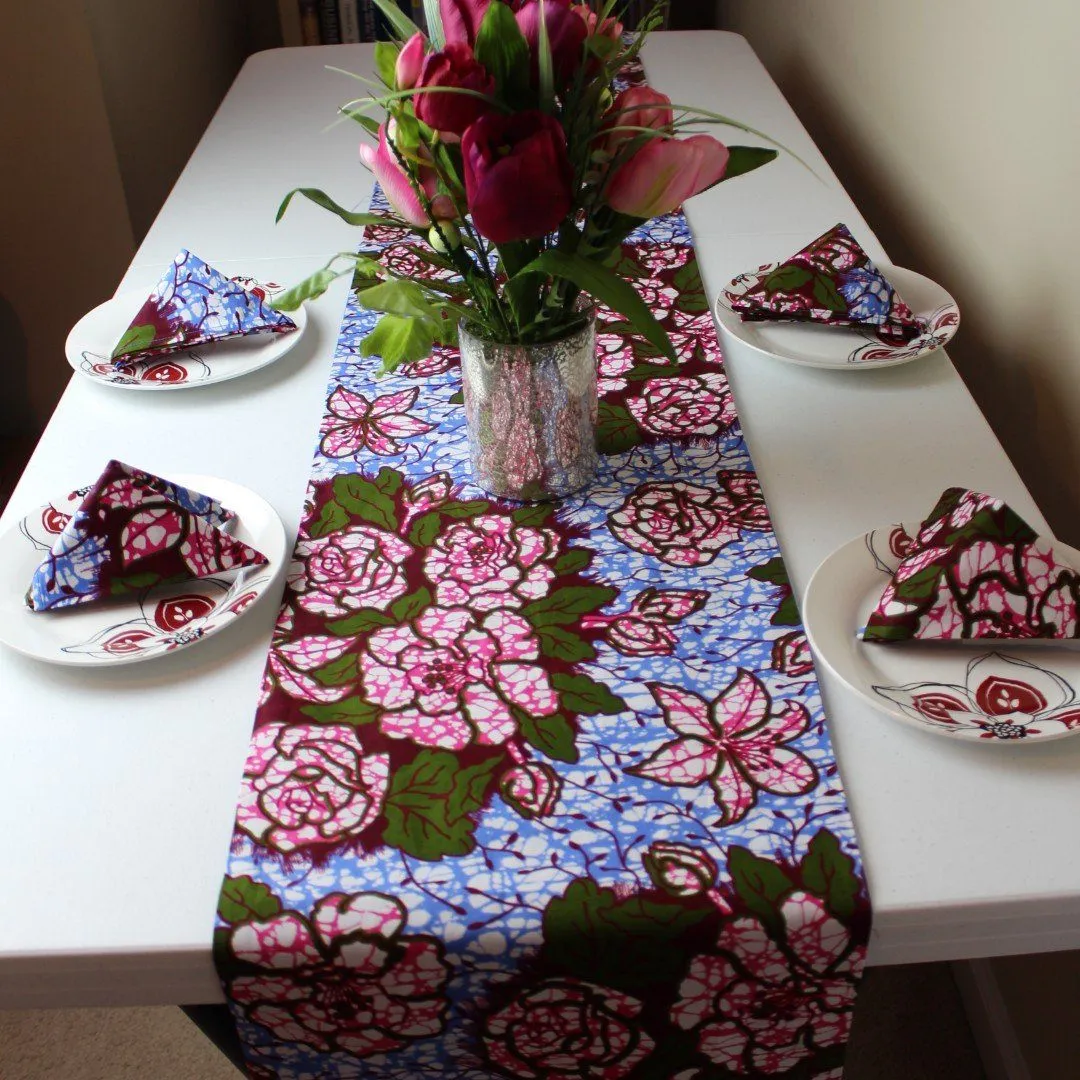 Aisha Floral African Print Table Runners with Napkins (Blue/ Pink)