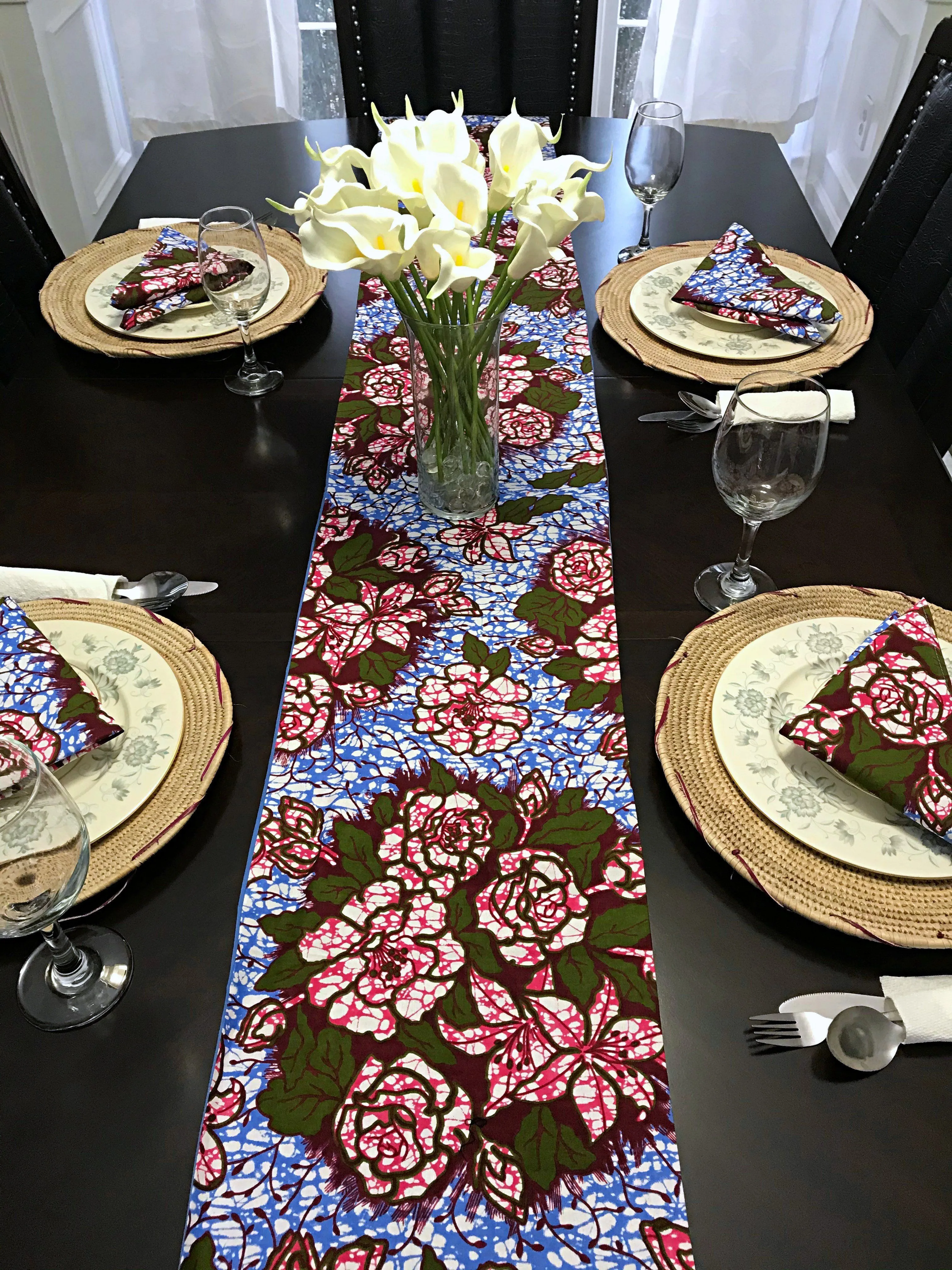 Aisha Floral African Print Table Runners with Napkins (Blue/ Pink)