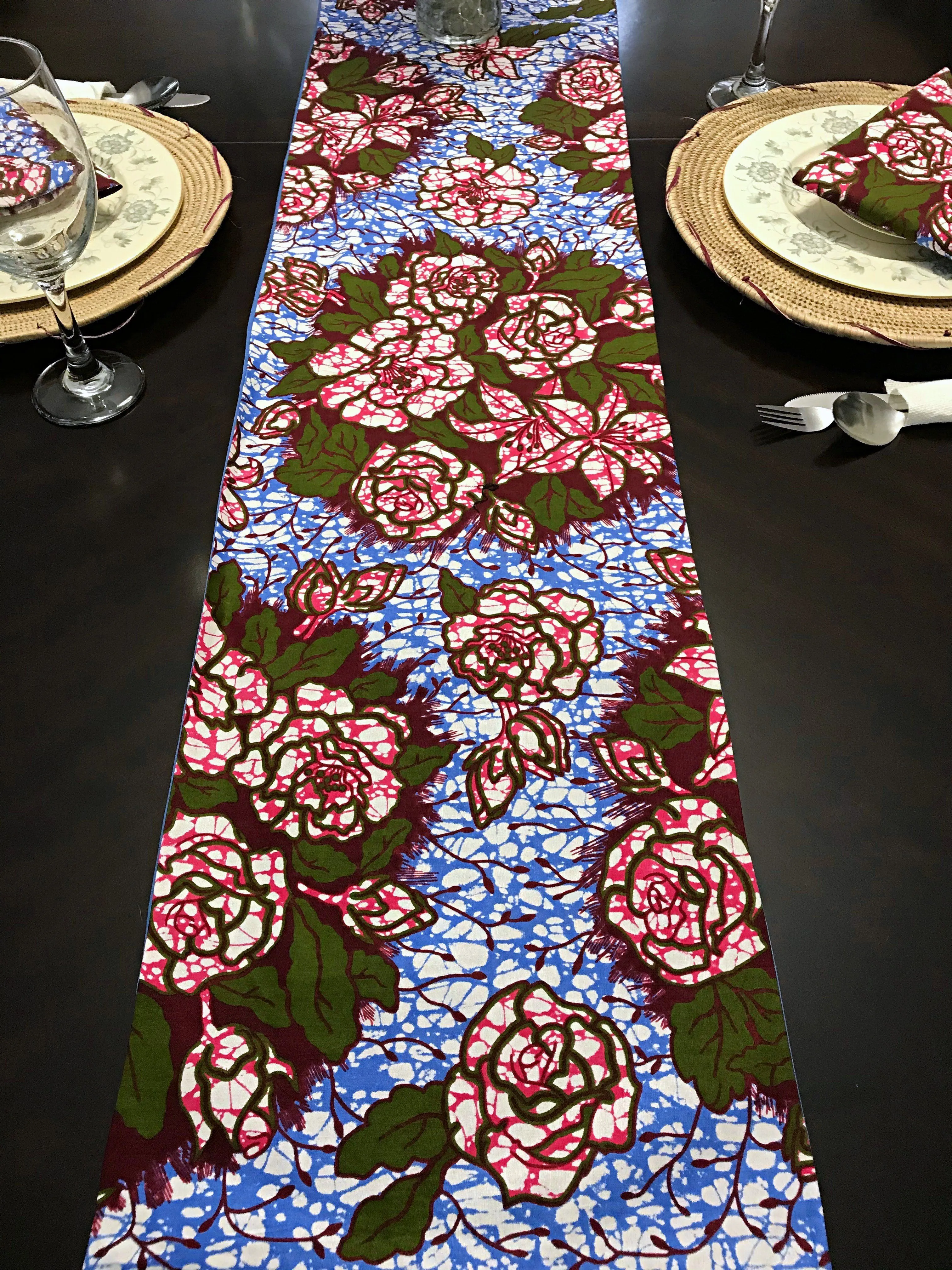 Aisha Floral African Print Table Runners with Napkins (Blue/ Pink)