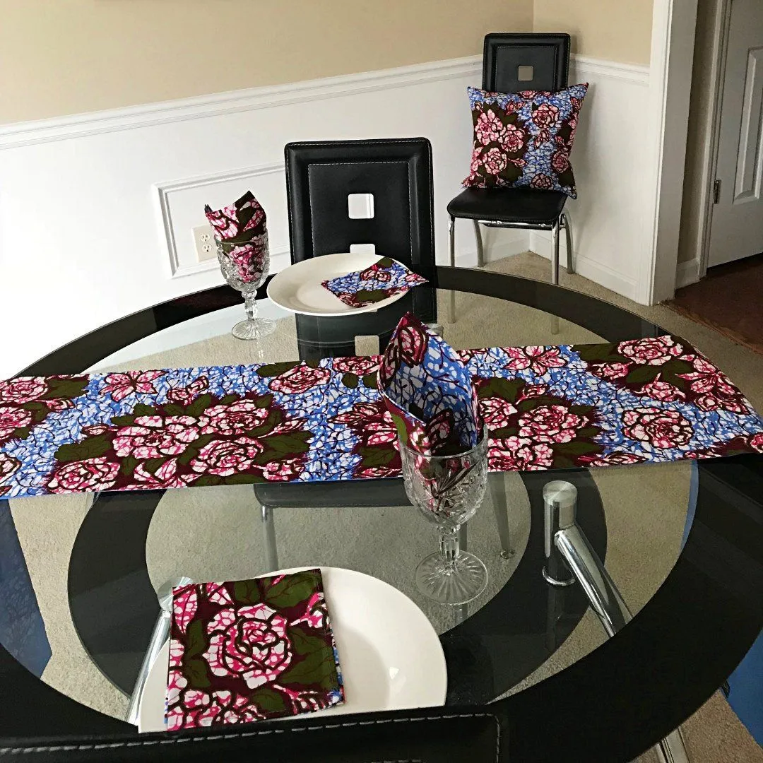 Aisha Floral African Print Table Runners with Napkins (Blue/ Pink)
