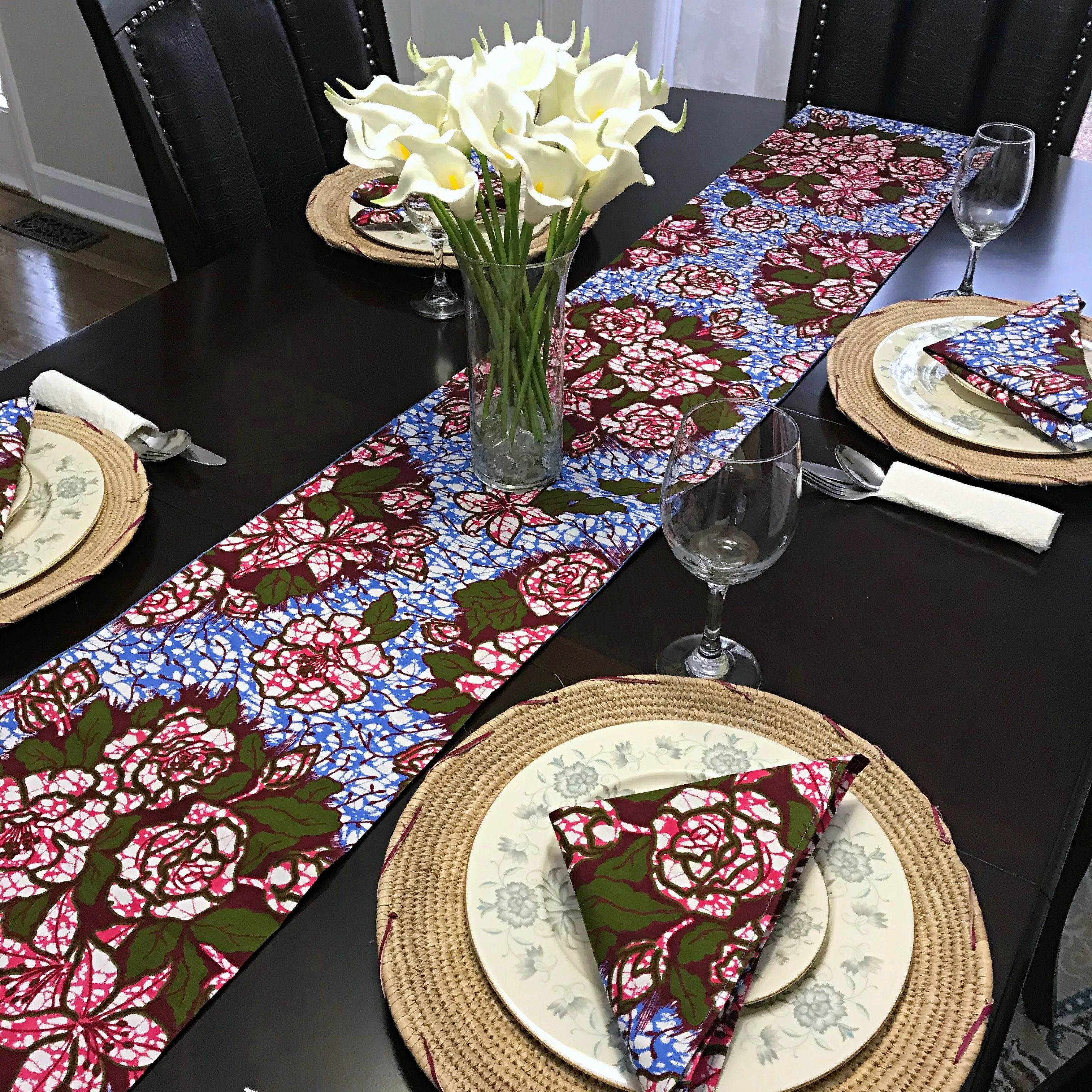 Aisha Floral African Print Table Runners with Napkins (Blue/ Pink)