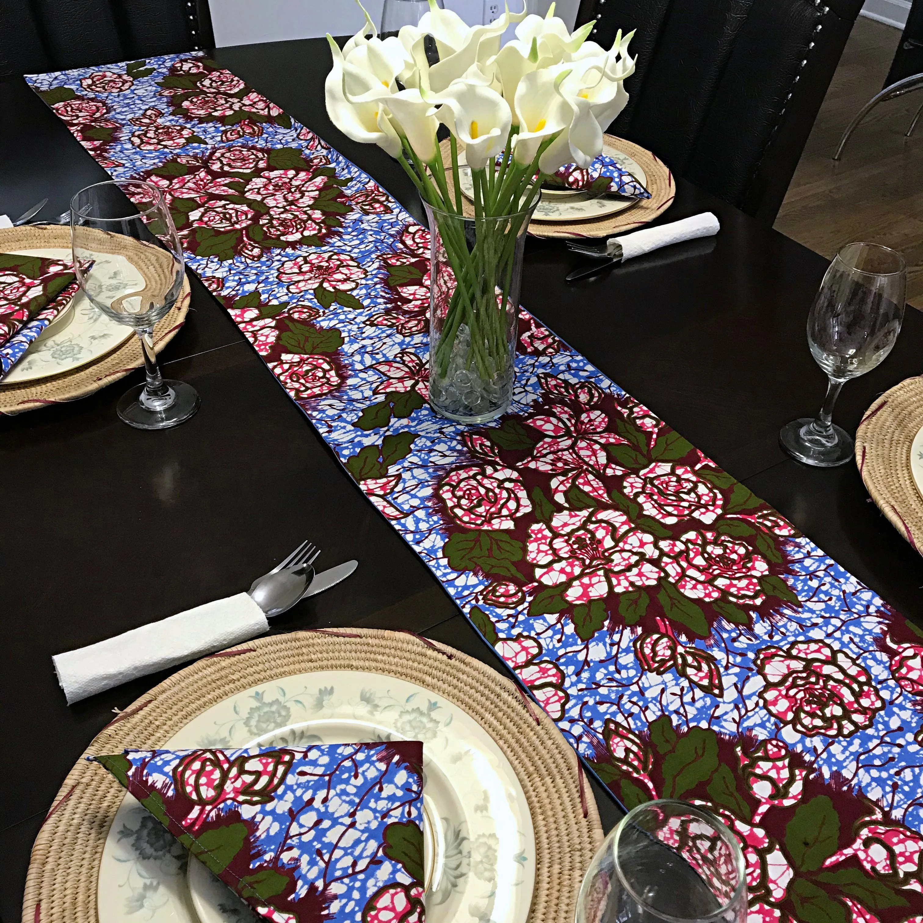 Aisha Floral African Print Table Runners with Napkins (Blue/ Pink)