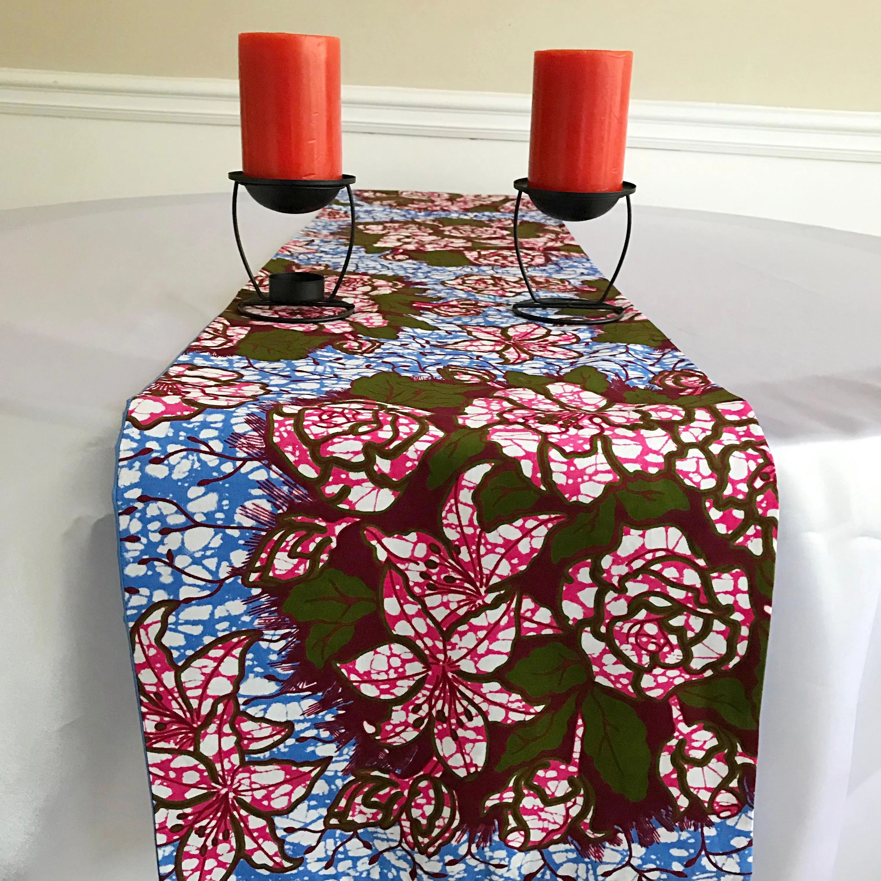 Aisha Floral African Print Table Runners with Napkins (Blue/ Pink)