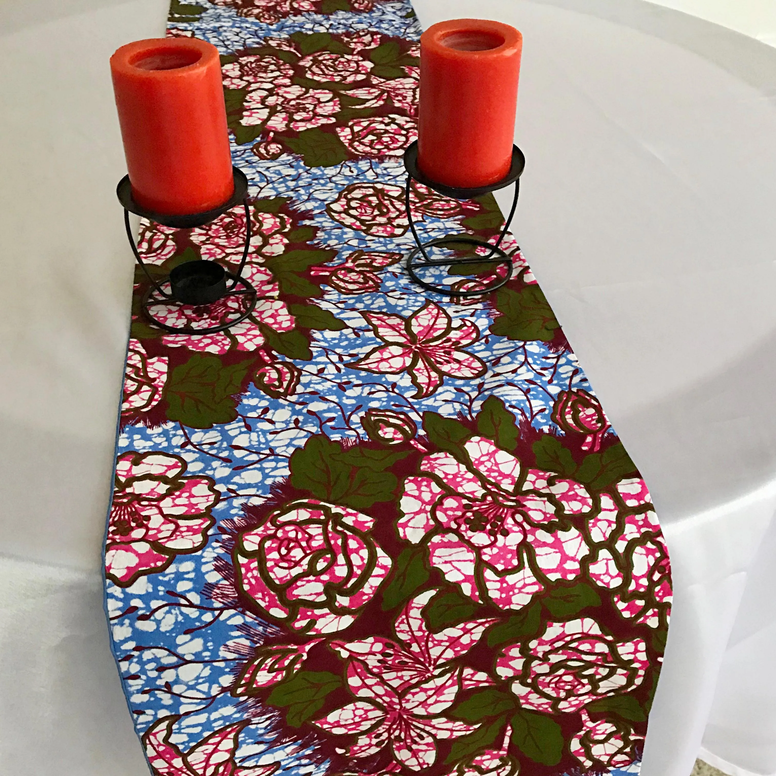 Aisha Floral African Print Table Runners with Napkins (Blue/ Pink)