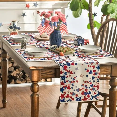 Artoid Mode Blue Red Stars Patriotic 4th of July Table Runner, Seasonal Kitchen Dining Table Decoration for Home Party Decor 13x48 Inch