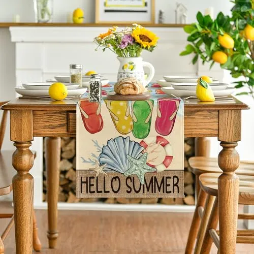Artoid Mode Flip Flops Seaside Themed Beach Summer Table Runner, Starfish Seasonal Kitchen Dining Table Decoration for Home Party Decor 13x36 Inch