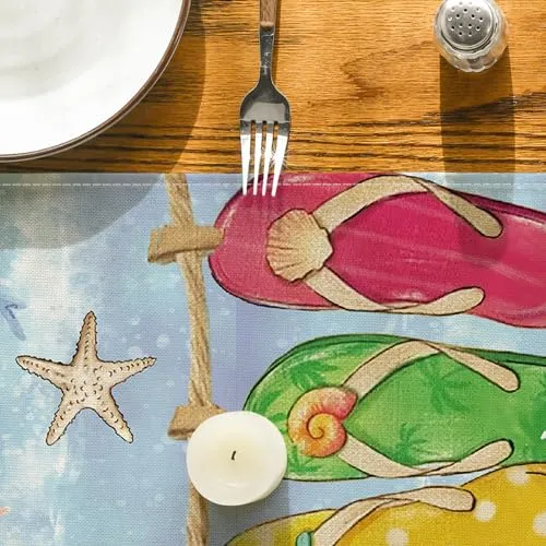 Artoid Mode Flip Flops Seaside Themed Beach Summer Table Runner, Starfish Seasonal Kitchen Dining Table Decoration for Home Party Decor 13x36 Inch
