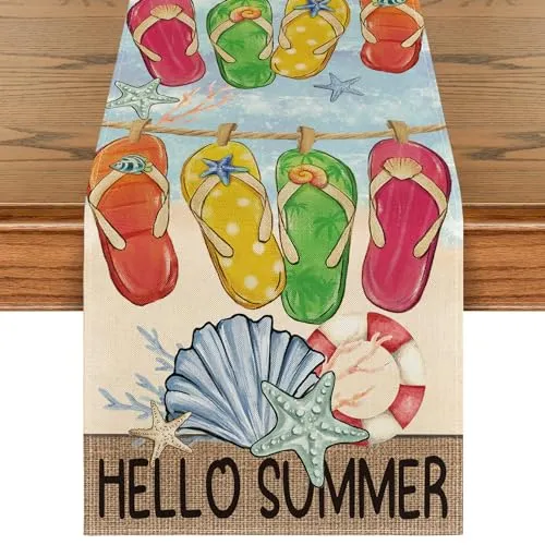 Artoid Mode Flip Flops Seaside Themed Beach Summer Table Runner, Starfish Seasonal Kitchen Dining Table Decoration for Home Party Decor 13x36 Inch