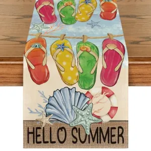 Artoid Mode Flip Flops Seaside Themed Beach Summer Table Runner, Starfish Seasonal Kitchen Dining Table Decoration for Home Party Decor 13x36 Inch