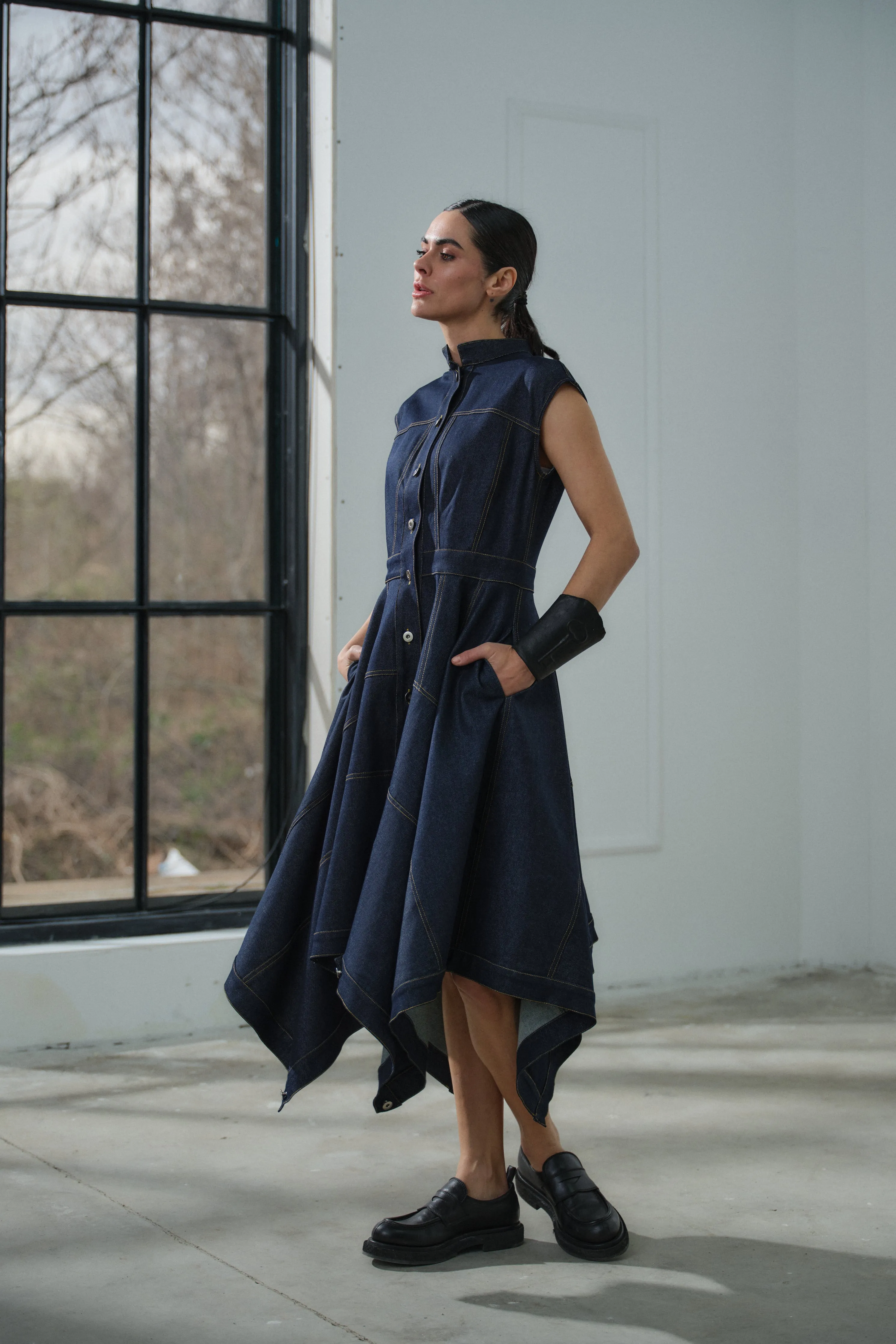 Asymmetrical Flared Denim Dress