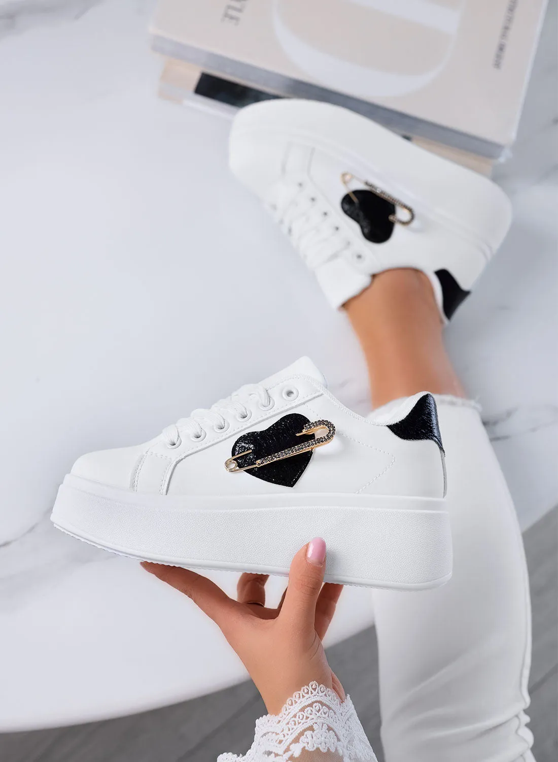 AURELIA - White Platform Sneakers with Jewel Pin Application
