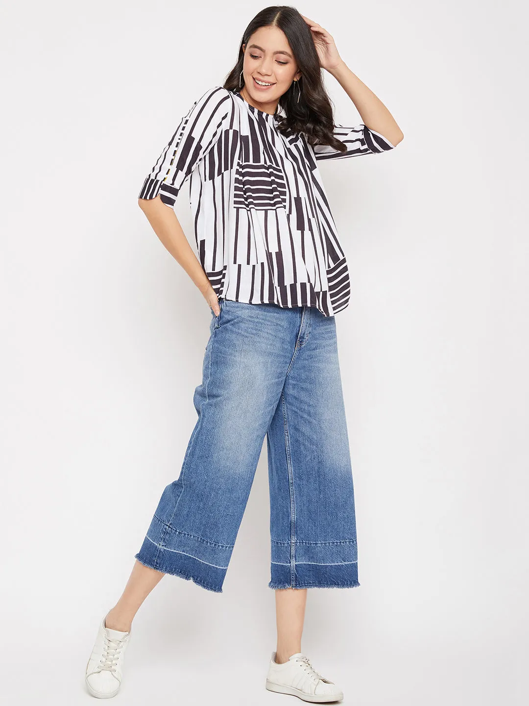 Black Colorblocked Round Neck Top