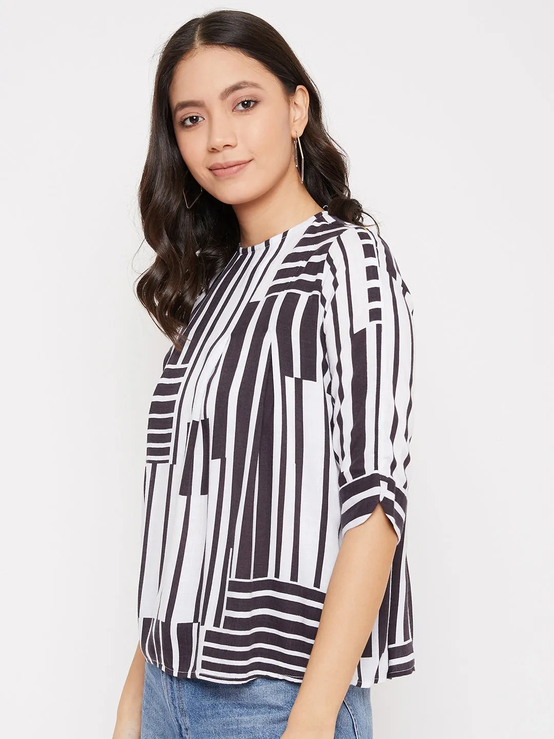 Black Colorblocked Round Neck Top