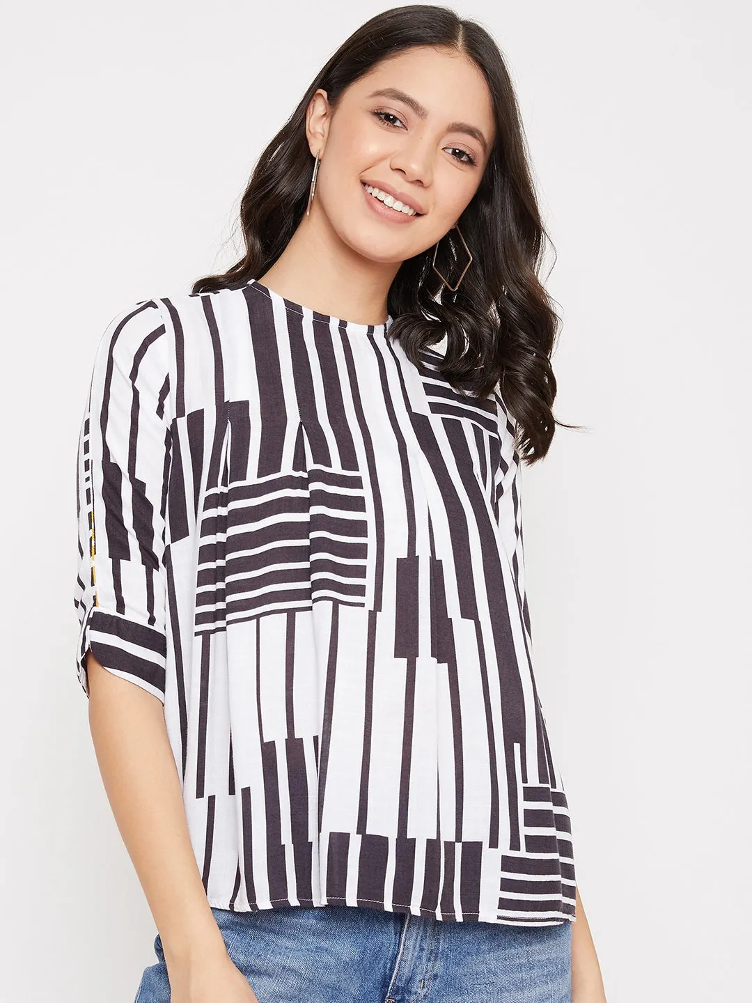Black Colorblocked Round Neck Top
