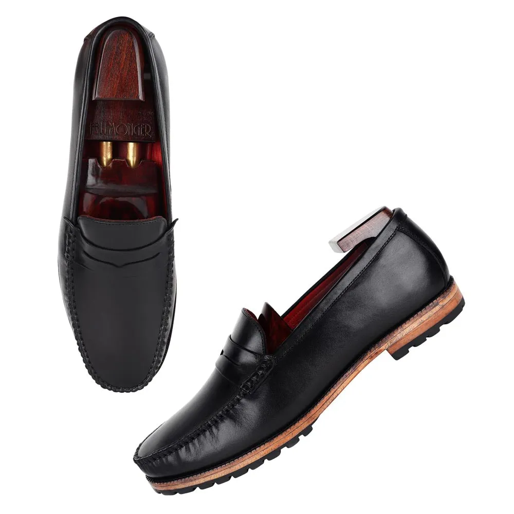 Black Mirror Glossed Classic Moccasins With Wood Finish Commando Sole