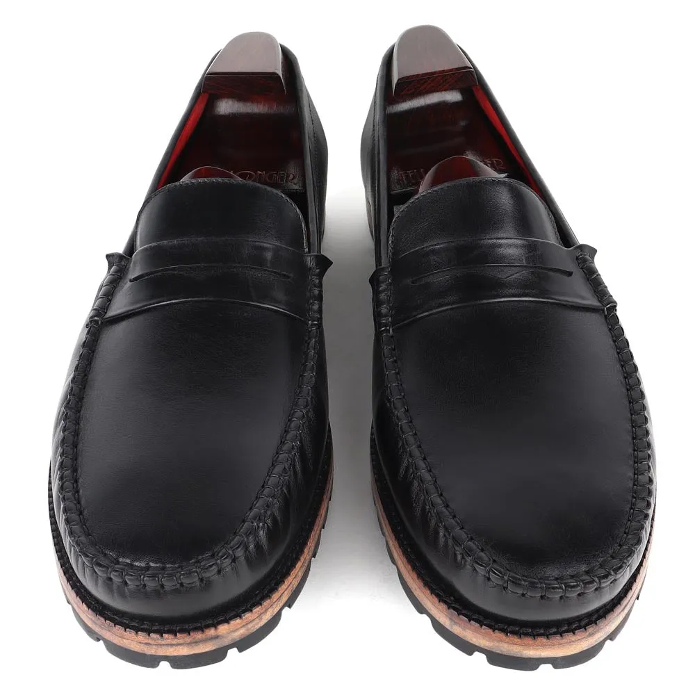 Black Mirror Glossed Classic Moccasins With Wood Finish Commando Sole