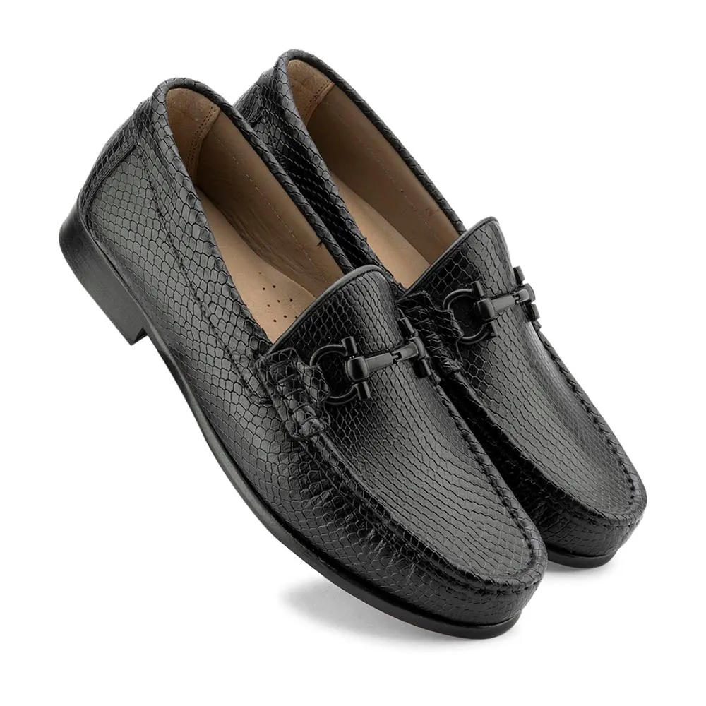 Black Snake Print Horsebit Moccasins