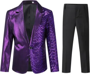 Boyland Boys 2 Pieces Suits Tuxedo Suit Shiny Sequins Peak Lapel Slim Fit Jacket Pants Party Performance