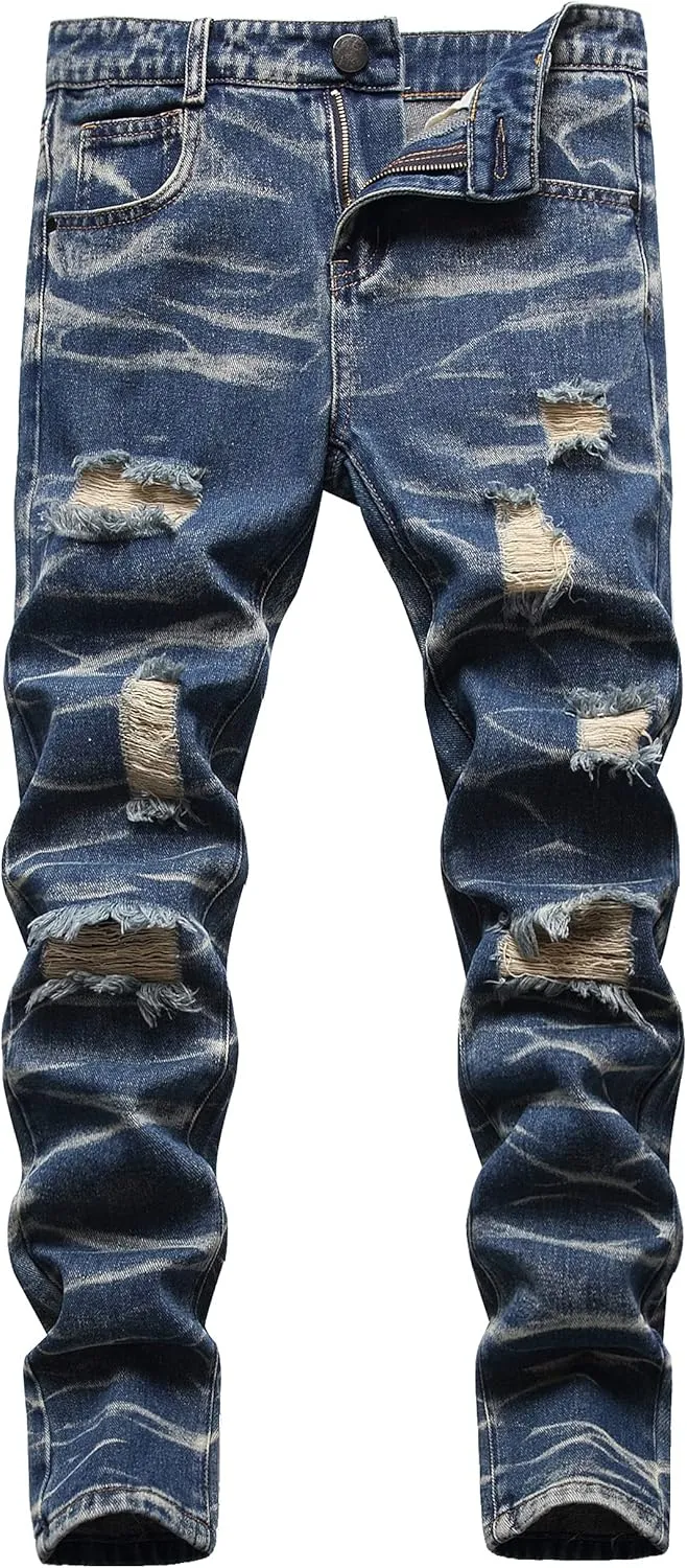 Boy's Skinny Fit Ripped Destroyed Distressed Slim Fashion Stretch Jeans Pants