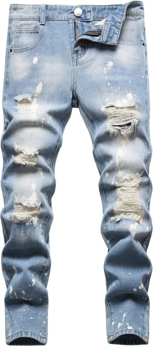 Boy's Skinny Fit Ripped Destroyed Distressed Slim Fashion Stretch Jeans Pants