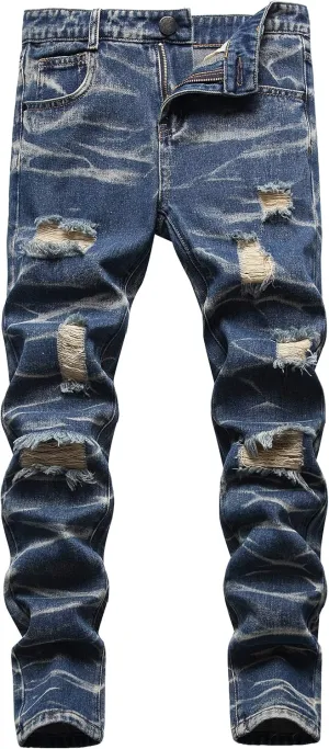 Boy's Skinny Fit Ripped Destroyed Distressed Slim Fashion Stretch Jeans Pants