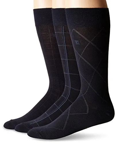 Chaps Men's Classic Dress Crew Socks-3 Pair Pack-Pattern and Solid Color Designs, Dashed Windowpane (Navy), Shoe Size: 6-12