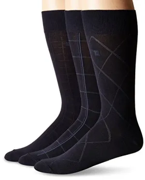 Chaps Men's Classic Dress Crew Socks-3 Pair Pack-Pattern and Solid Color Designs, Dashed Windowpane (Navy), Shoe Size: 6-12