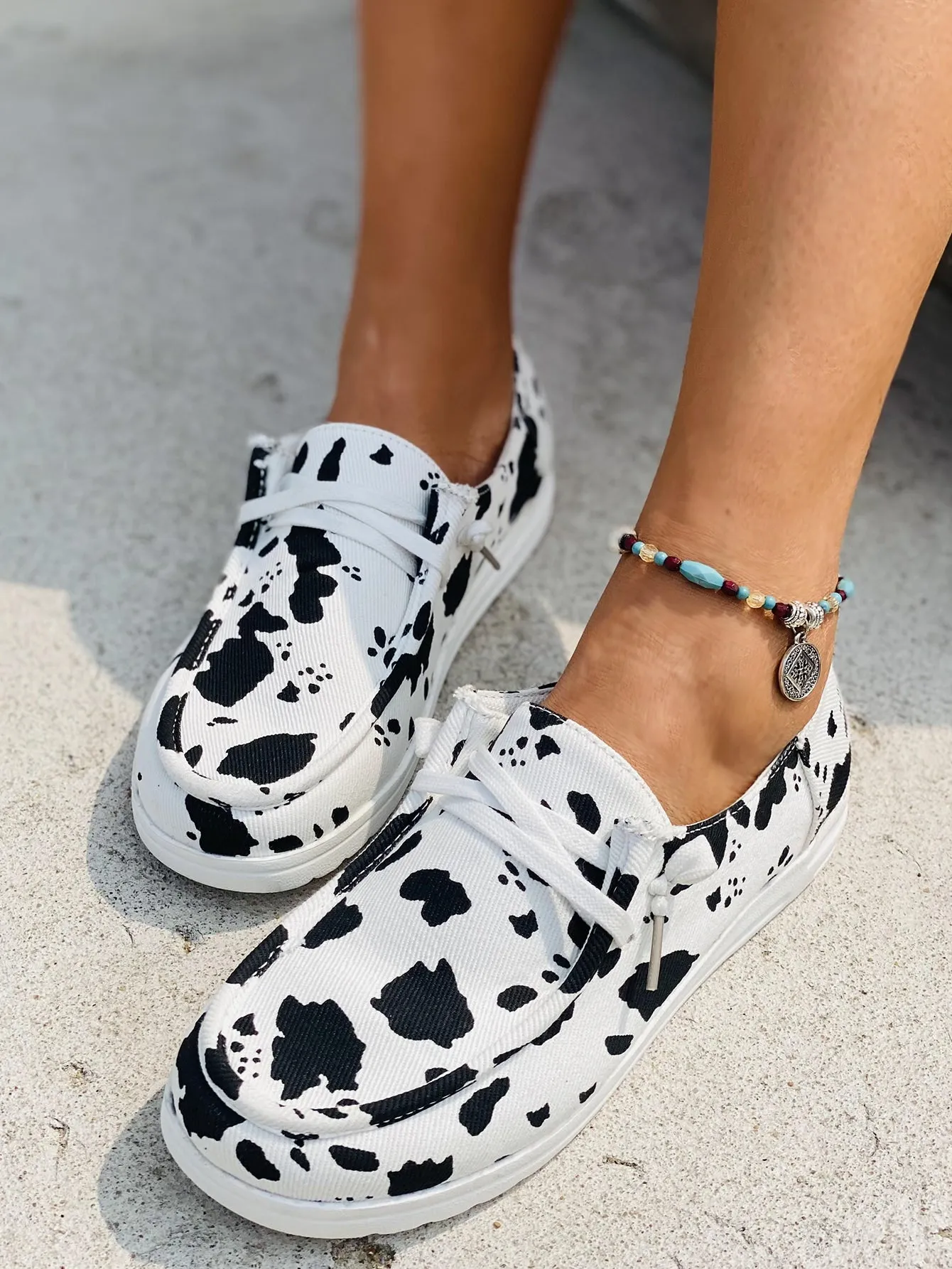 Cow Pattern Lace-up Front Sneakers -  Black and White- FD ⚡