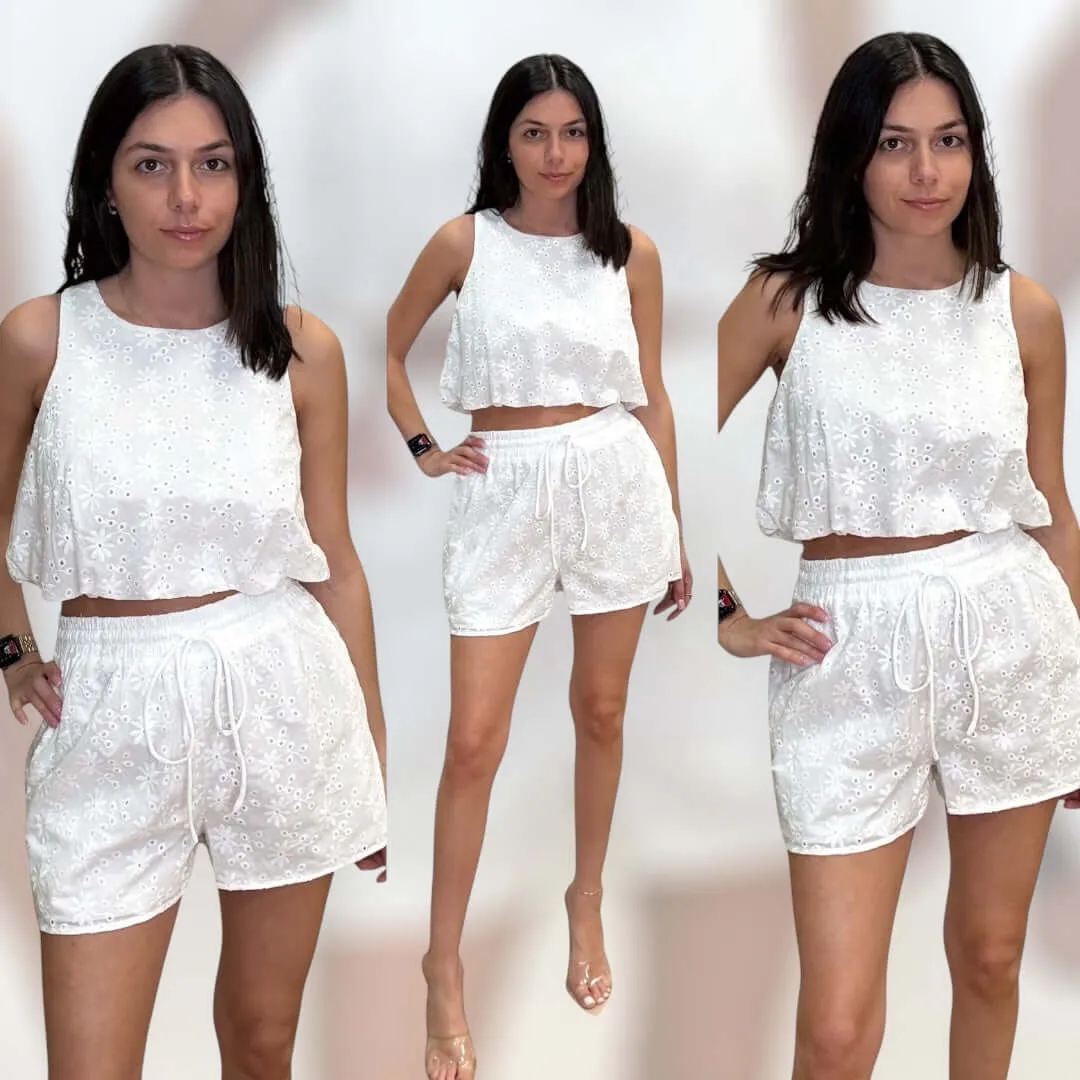 Eyelet Bubble Hem Shorts Set