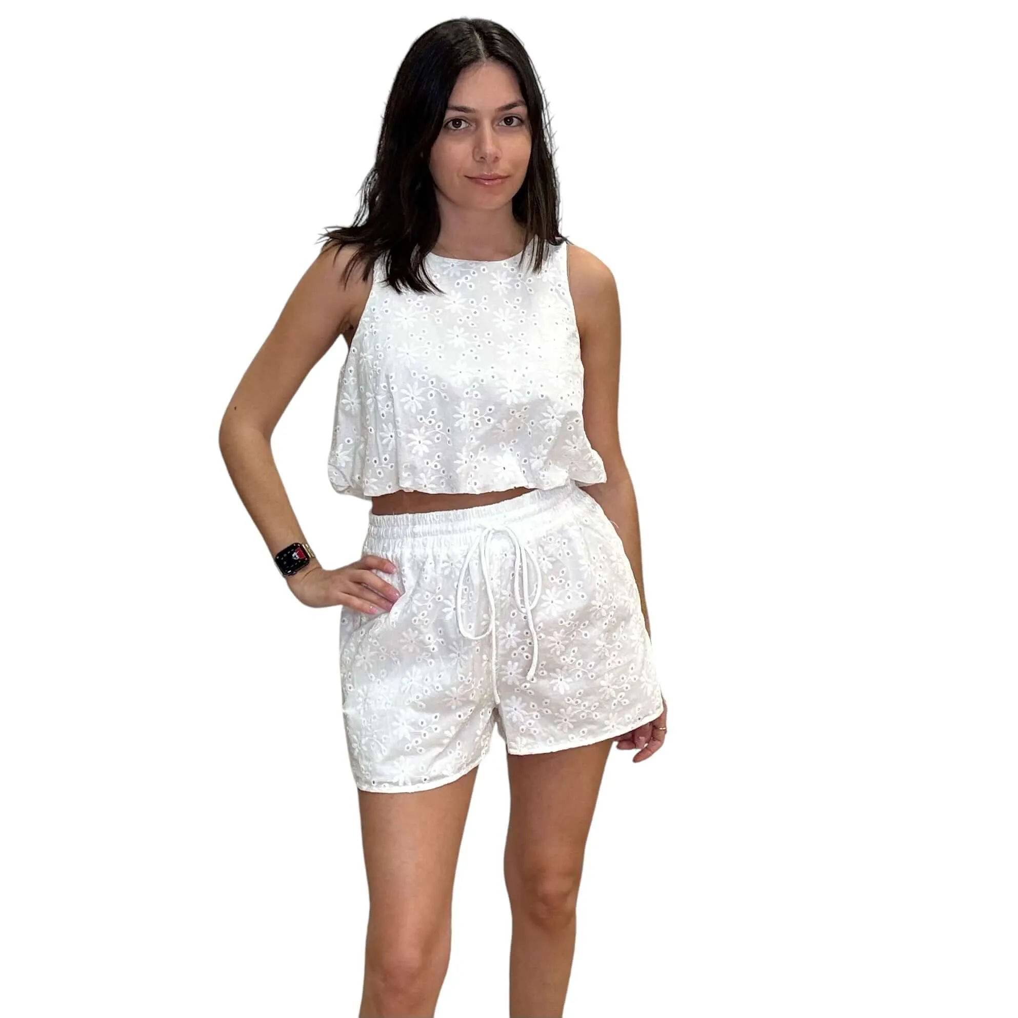 Eyelet Bubble Hem Shorts Set