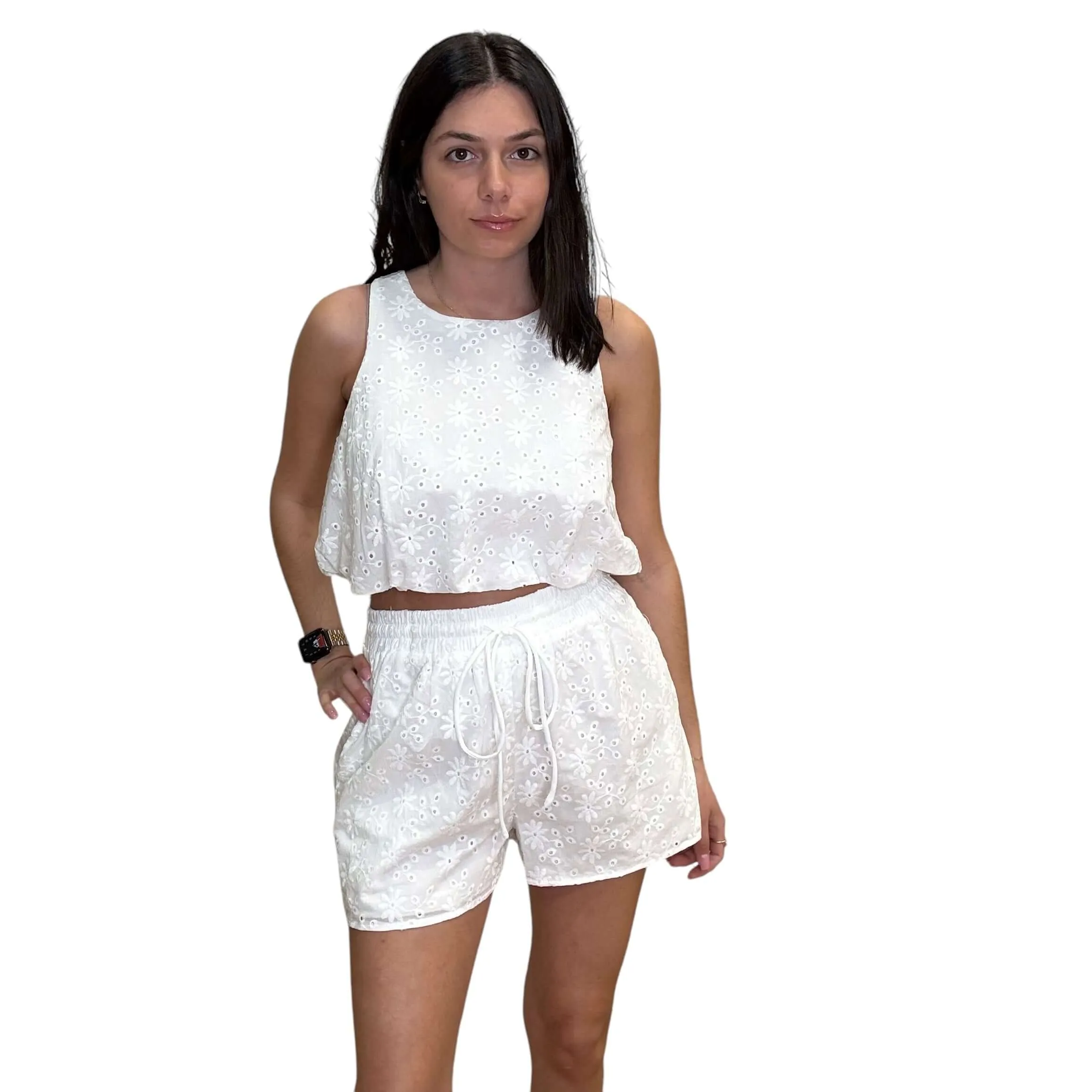 Eyelet Bubble Hem Shorts Set