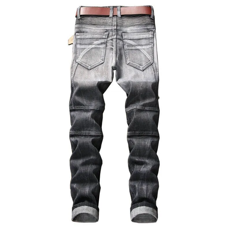 Fashion Slim Motorcycle Jeans Waist Men's Jeans Straight Urban Pants