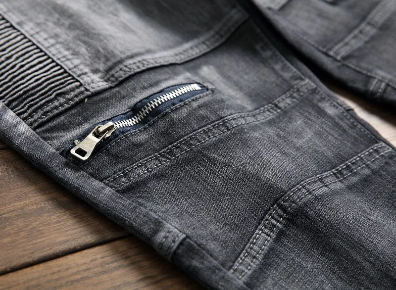 Fashion Slim Motorcycle Jeans Waist Men's Jeans Straight Urban Pants