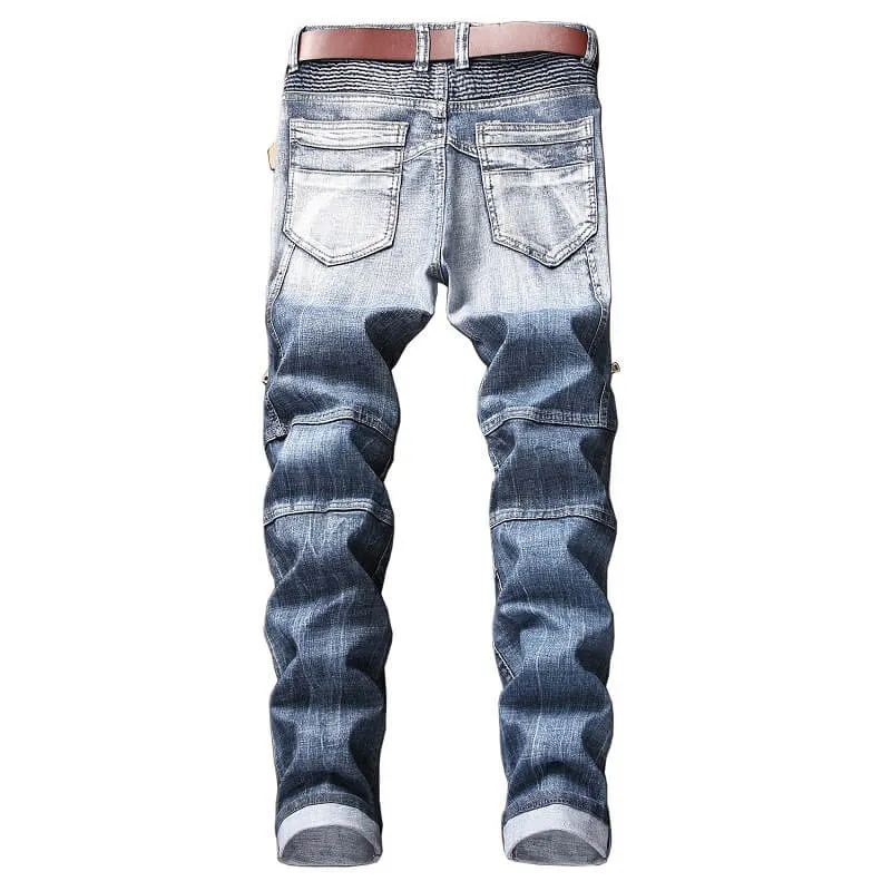 Fashion Slim Motorcycle Jeans Waist Men's Jeans Straight Urban Pants