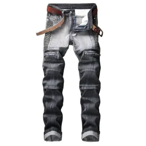 Fashion Slim Motorcycle Jeans Waist Men's Jeans Straight Urban Pants