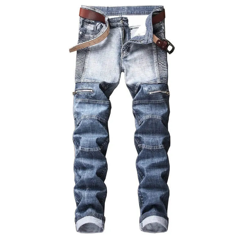 Fashion Slim Motorcycle Jeans Waist Men's Jeans Straight Urban Pants