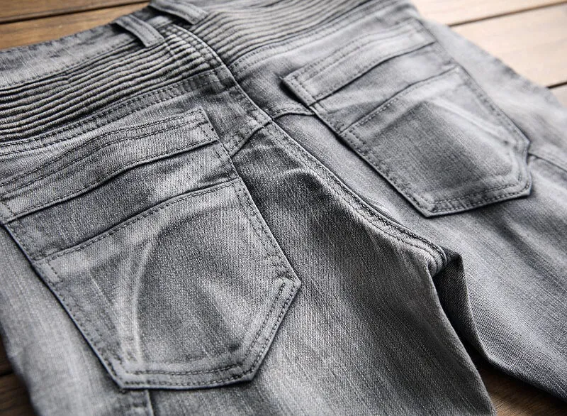 Fashion Slim Motorcycle Jeans Waist Men's Jeans Straight Urban Pants
