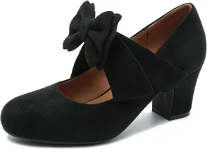 fereshte Womens Bowknot Heels Bow Mary Jane Shoes Closed Toe Chunky Low Block Heel Dress Pumps