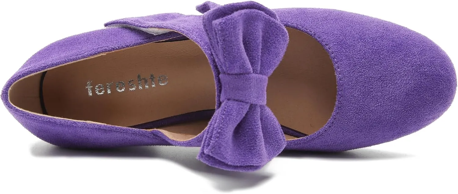 fereshte Womens Bowknot Heels Bow Mary Jane Shoes Closed Toe Chunky Low Block Heel Dress Pumps