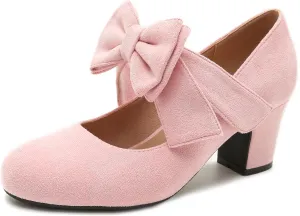 fereshte Womens Bowknot Heels Bow Mary Jane Shoes Closed Toe Chunky Low Block Heel Dress Pumps