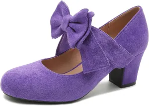 fereshte Womens Bowknot Heels Bow Mary Jane Shoes Closed Toe Chunky Low Block Heel Dress Pumps