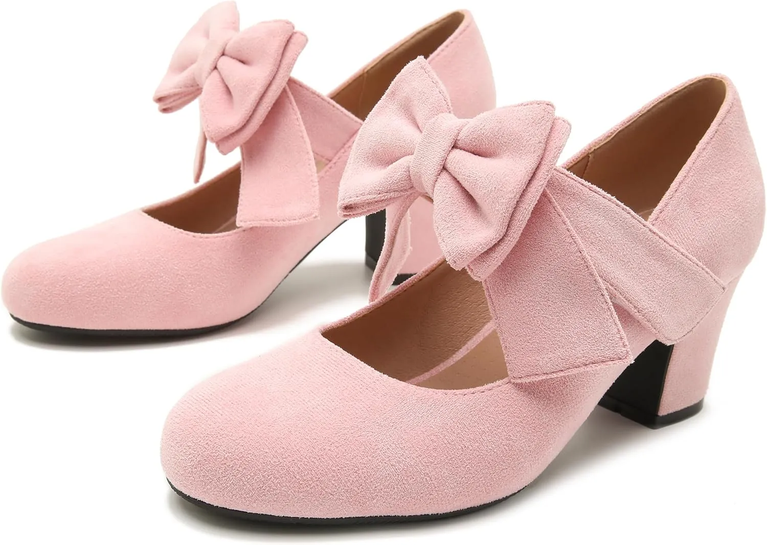 fereshte Womens Bowknot Heels Bow Mary Jane Shoes Closed Toe Chunky Low Block Heel Dress Pumps